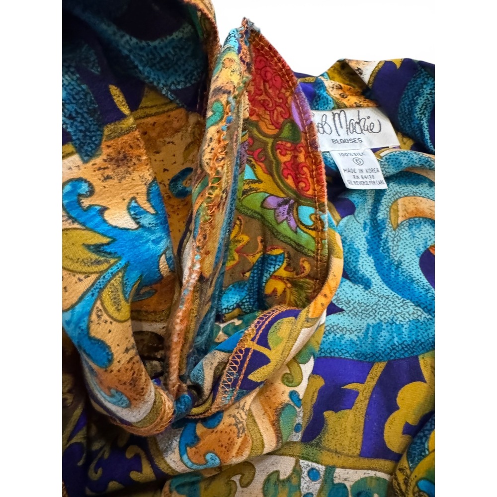 Vintage Bob Mackie Silk‎ Blouse Womens 6 Blue Baroque Floral Shawl Collar Top - Picture 11 of 11